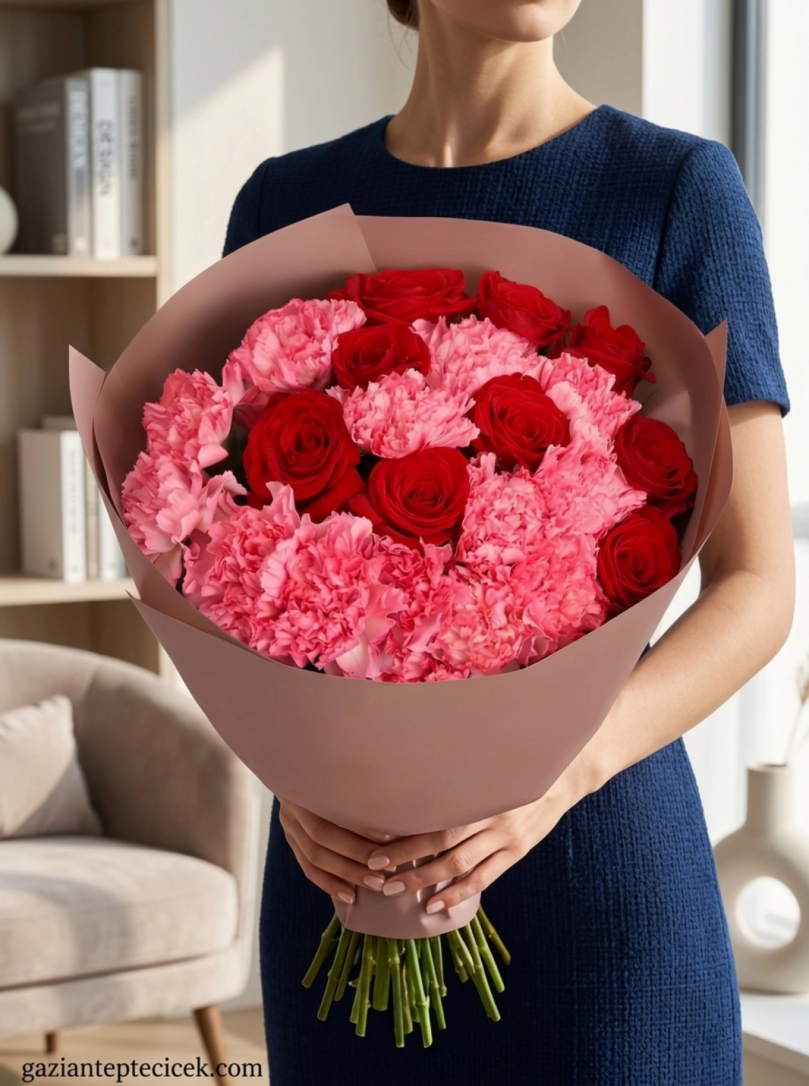 9 Gül Ve 12 Pembe Karanfil Buketi