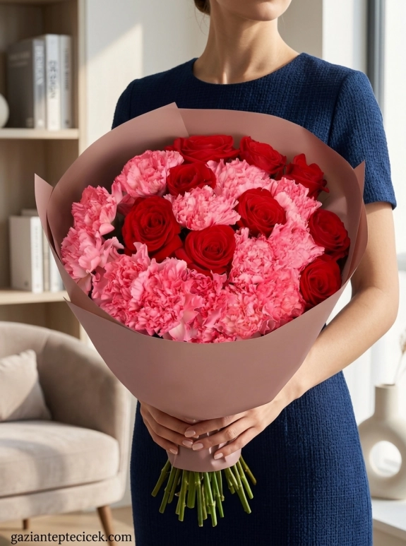 9 Gül Ve 12 Pembe Karanfil Buketi