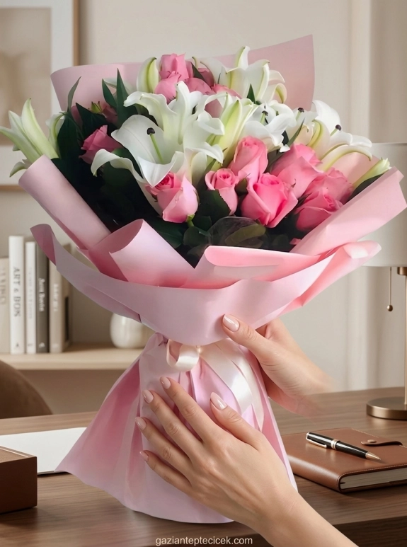Lilyum ve Pembe Gül Buketi